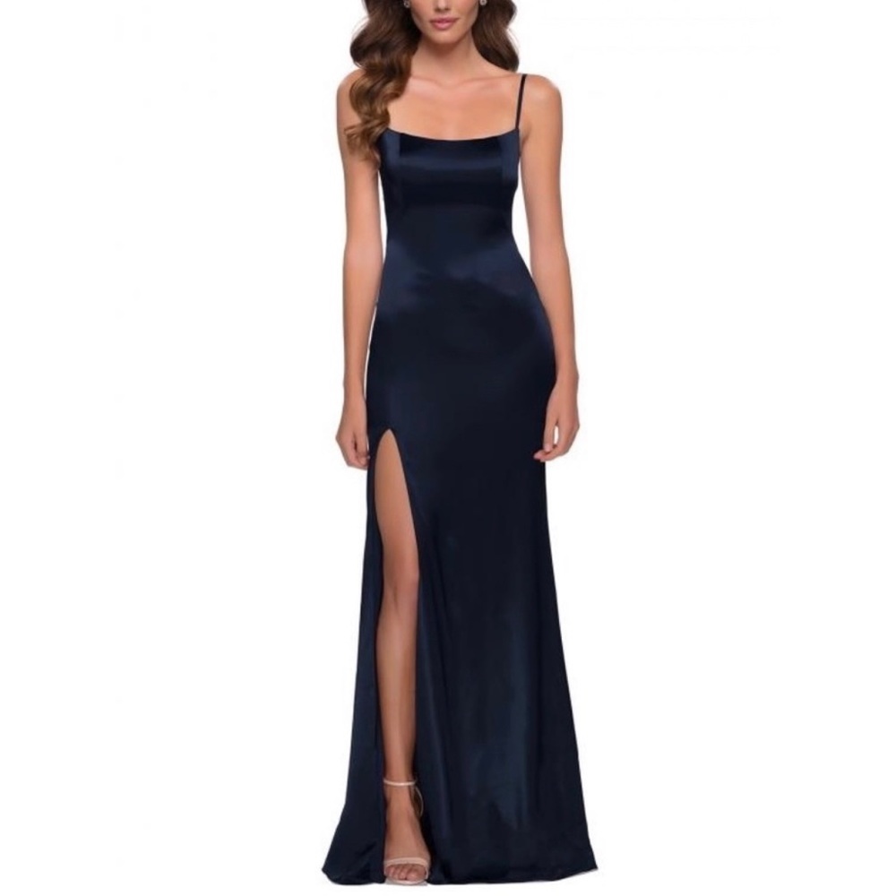 La Femme Side Slit Stretch Satin Gown -Navy Size 6